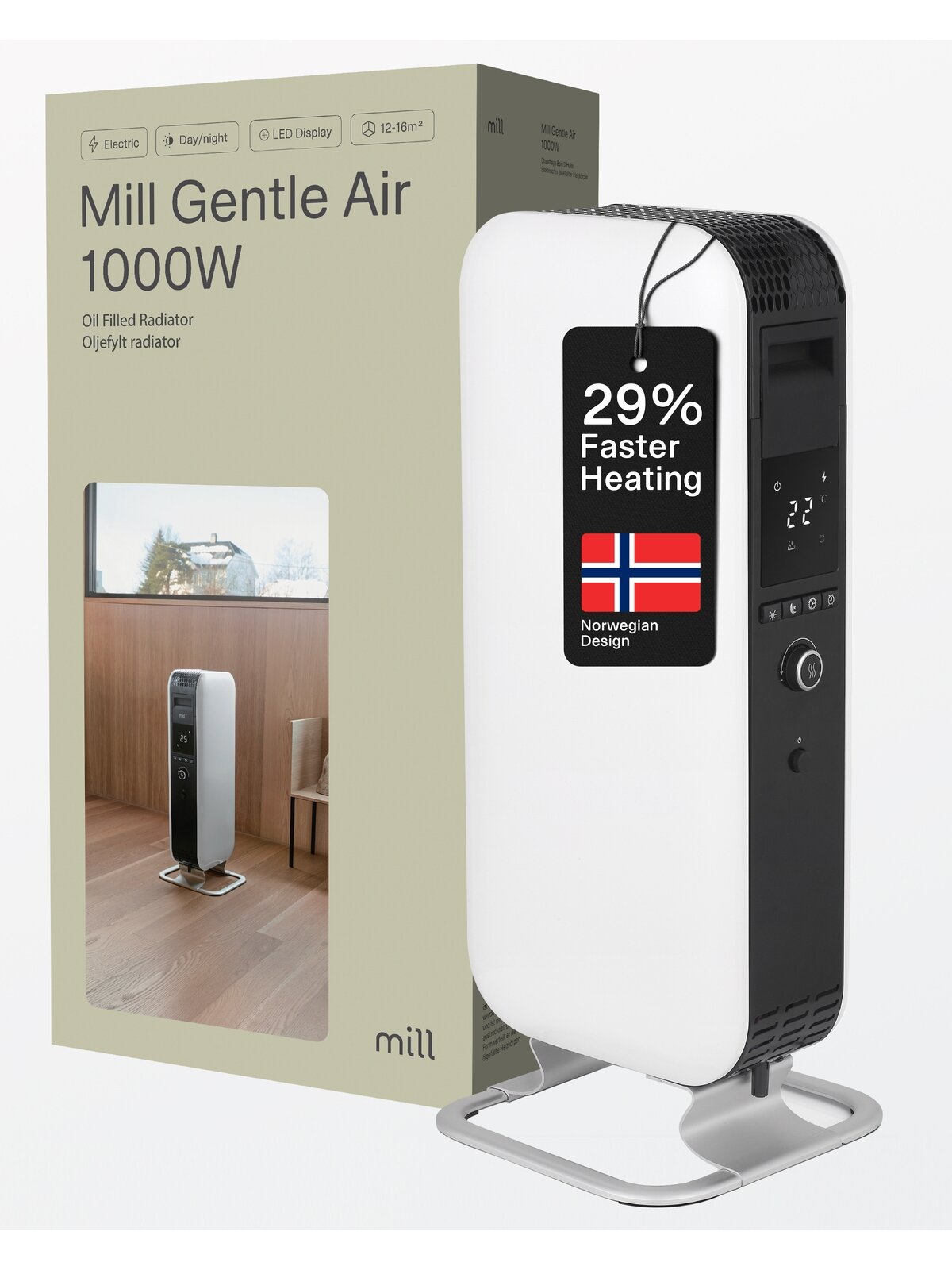 Mill | Heater | AB-H1000DN | Oil Filled Radiator | 1000 W | Number of power levels 3 | Suitable for rooms up to 12-16 m³ | White Mill | Heater | AB-H1000DN | Oil Filled Radiator | 1000 W | Number of power levels 3 | Suitable for rooms up to 12-16 m³ | White