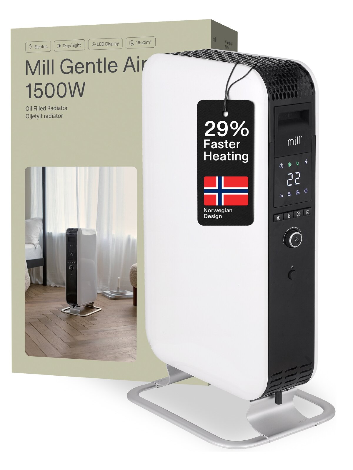 Mill | Heater | AB-H1500DN | Oil Filled Radiator | 1500 W | Number of power levels 3 | Suitable for rooms up to 16-24 m² | White Mill | Heater | AB-H1500DN | Oil Filled Radiator | 1500 W | Number of power levels 3 | Suitable for rooms up to 16-24 m² | White