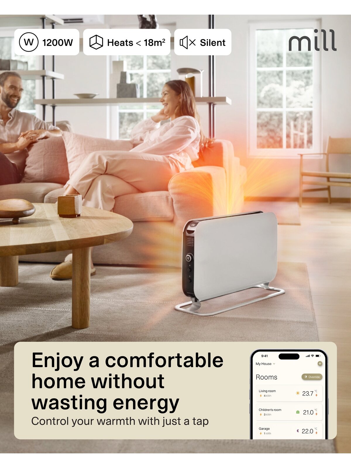 Mill | Heater | CO1200WIFI3 GEN3 | Convection Heater | 1200 W | Number of power levels 3 | Suitable for rooms up to 14-18 m² | White | N/A 6 Mill | Heater | CO1200WIFI3 GEN3 | Convection Heater | 1200 W | Number of power levels 3 | Suitable for rooms up to 14-18 m² | White | N/A 6