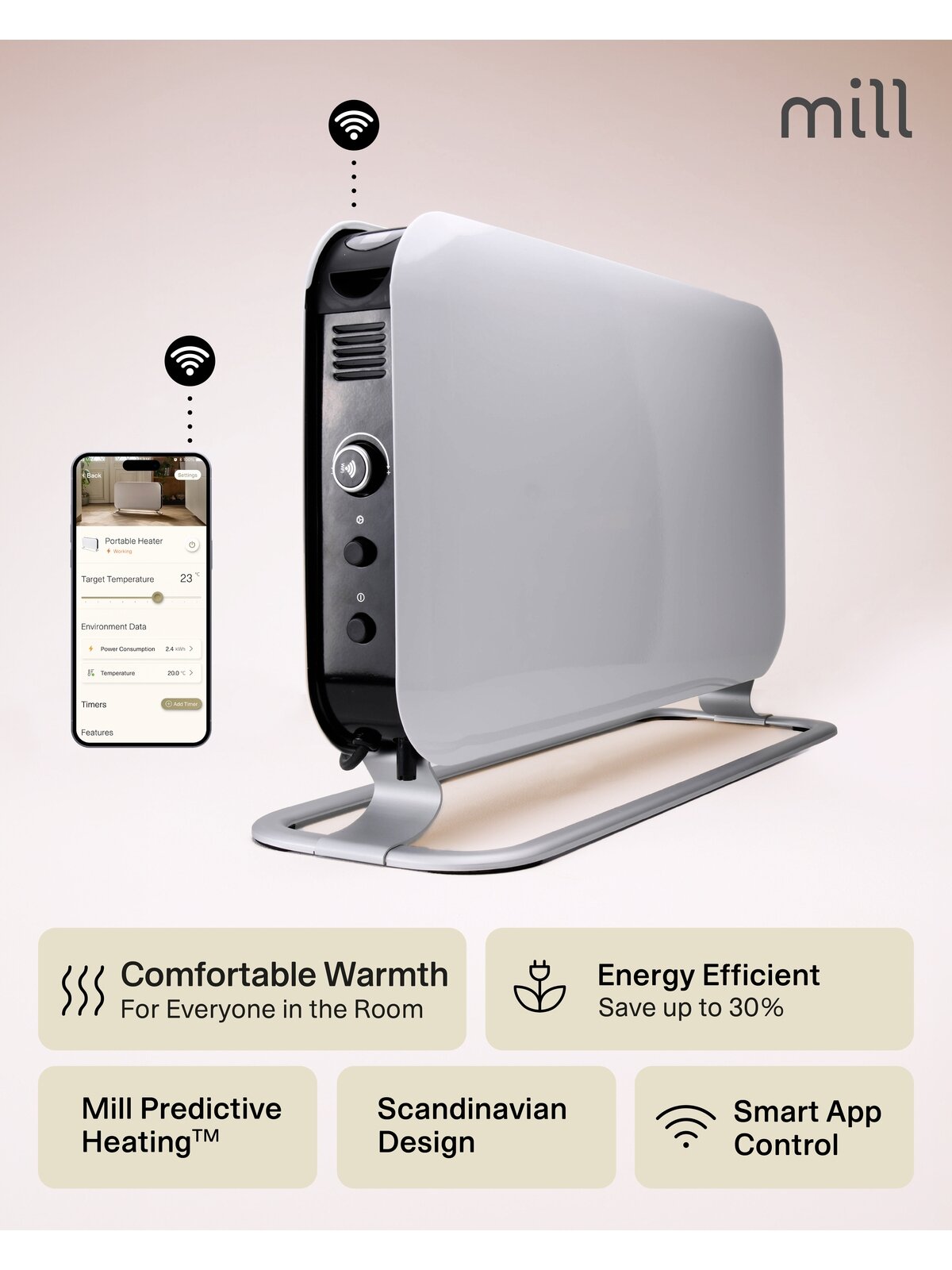 Mill | Heater | CO1200WIFI3 GEN3 | Convection Heater | 1200 W | Number of power levels 3 | Suitable for rooms up to 14-18 m² | White | N/A 7 Mill | Heater | CO1200WIFI3 GEN3 | Convection Heater | 1200 W | Number of power levels 3 | Suitable for rooms up to 14-18 m² | White | N/A 7