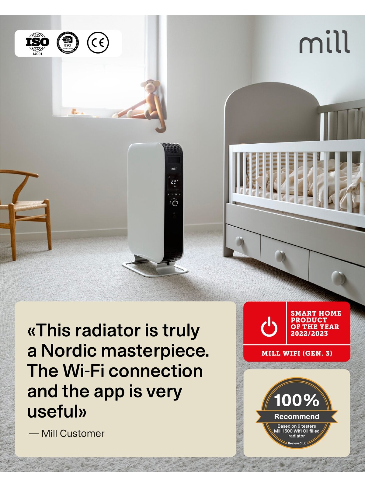 Mill | Heater | OIL2000WIFI3 GEN3 | Oil Filled Radiator | 2000 W | Number of power levels 3 | Suitable for rooms up to 24 m² | White/Black