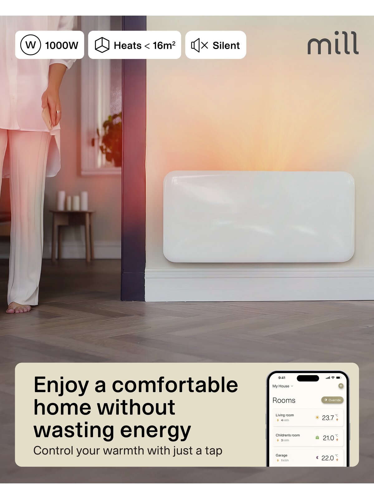 Mill Invisible Smart WiFi Heater | PA1000WIFI4 | Panel Heater | 1000 W | Suitable for rooms up to 12-16 m² | White | IPX4 6