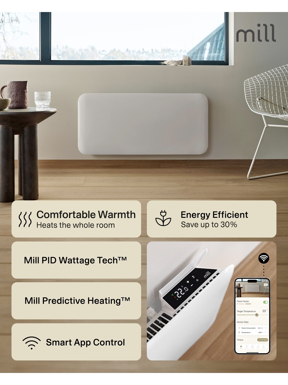 Mill Invisible Smart WiFi Heater | PA1000WIFI4 | Panel Heater | 1000 W | Suitable for rooms up to 12-16 m² | White | IPX4 7