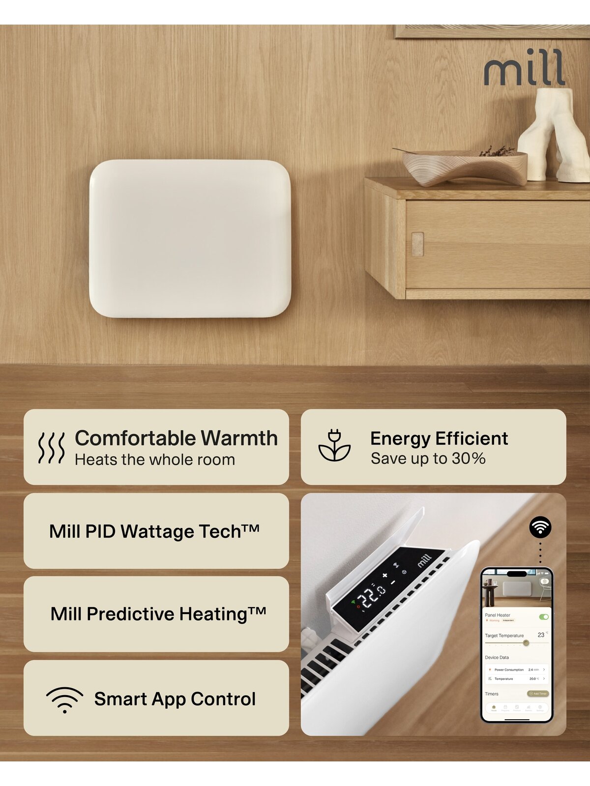Mill Invisible Smart WiFi Heater | PA400WIFI4 | Panel Heater | 400 W | Suitable for rooms up to 4-6 m² | White | IPX4 8
