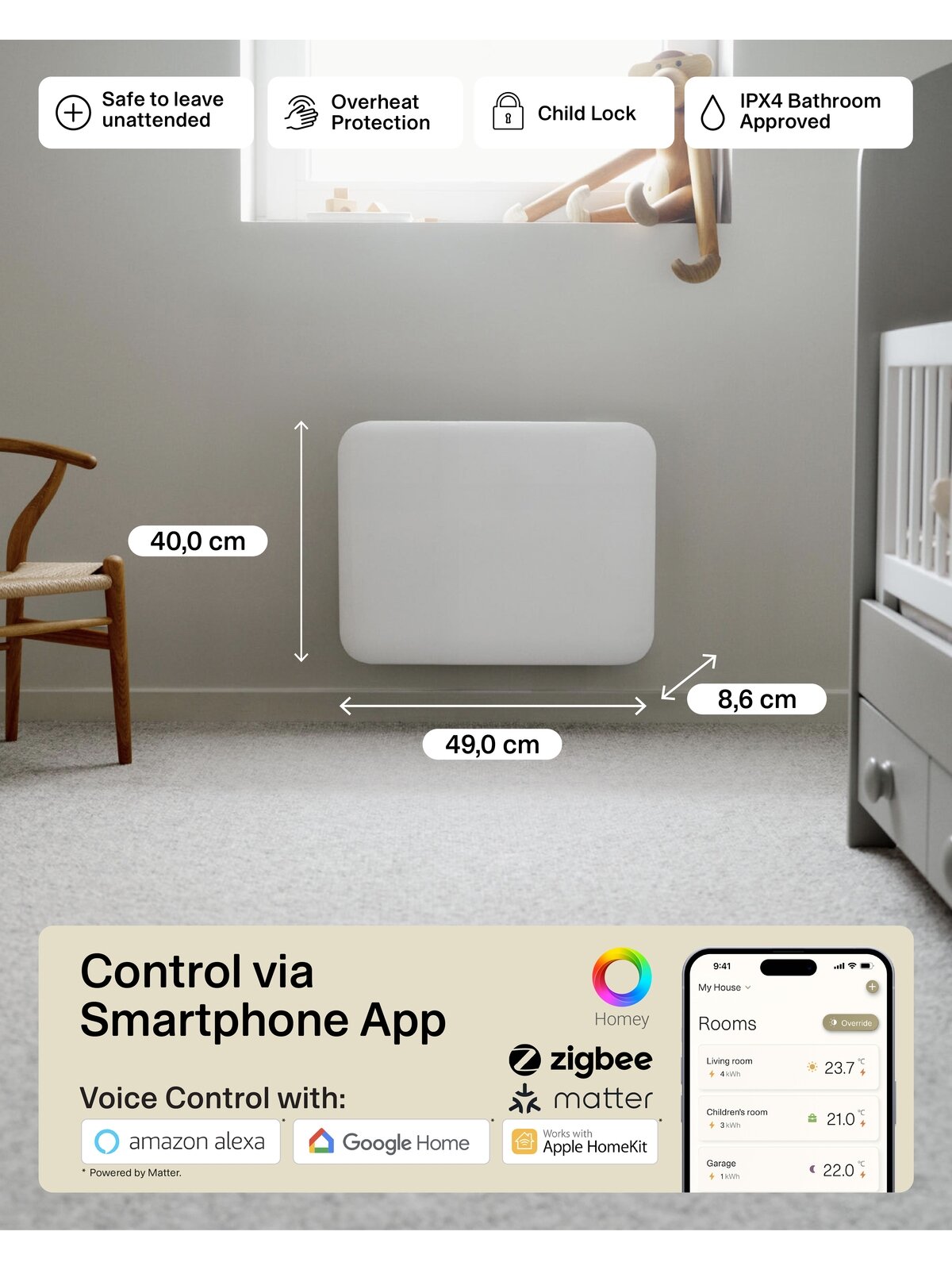 Mill Invisible Smart WiFi Heater | PA400WIFI4 | Panel Heater | 400 W | Suitable for rooms up to 4-6 m² | White | IPX4 9 Mill Invisible Smart WiFi Heater | PA400WIFI4 | Panel Heater | 400 W | Suitable for rooms up to 4-6 m² | White | IPX4 9