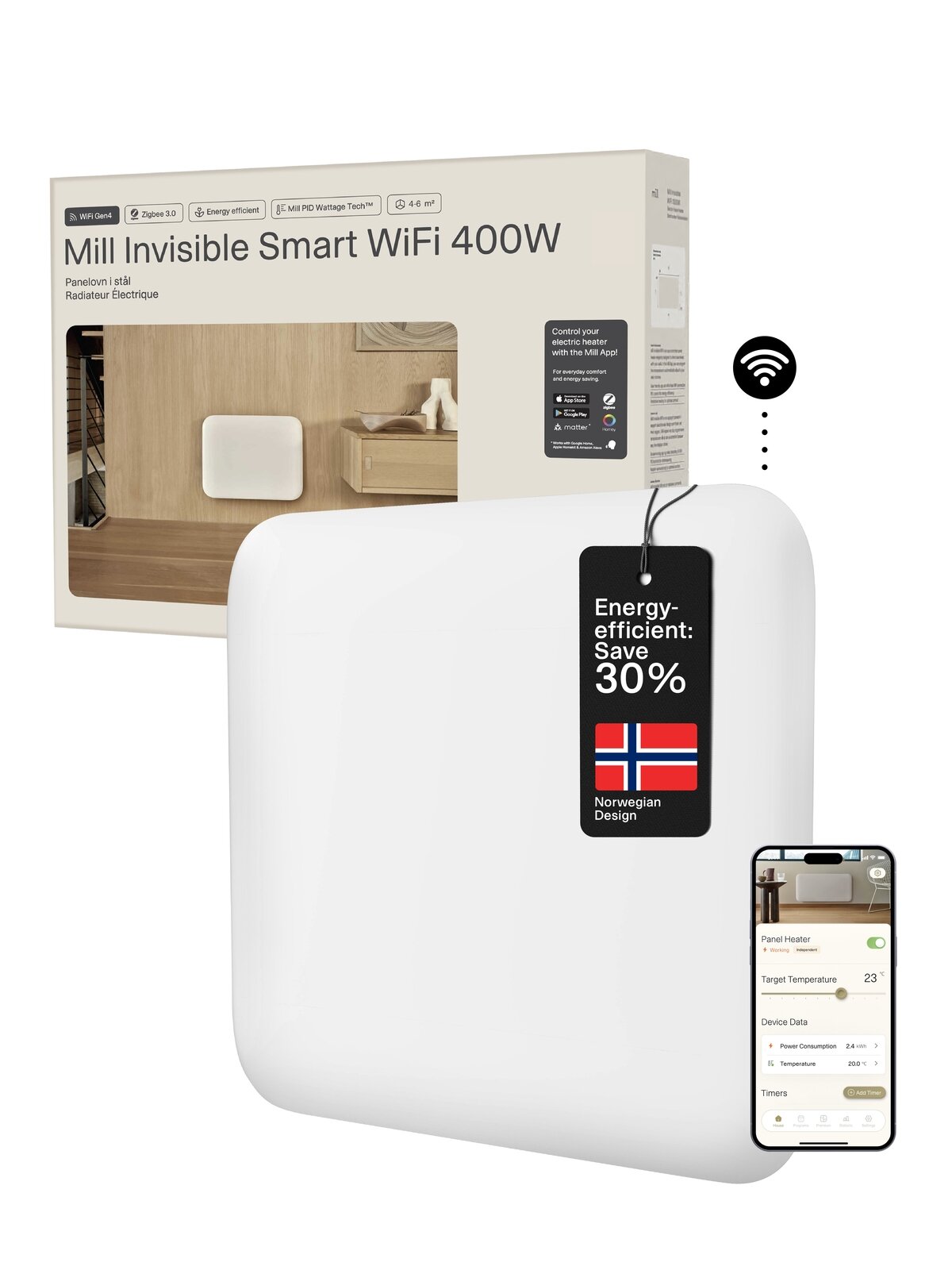 Mill Invisible Smart WiFi Heater | PA400WIFI4 | Panel Heater | 400 W | Suitable for rooms up to 4-6 m² | White | IPX4
