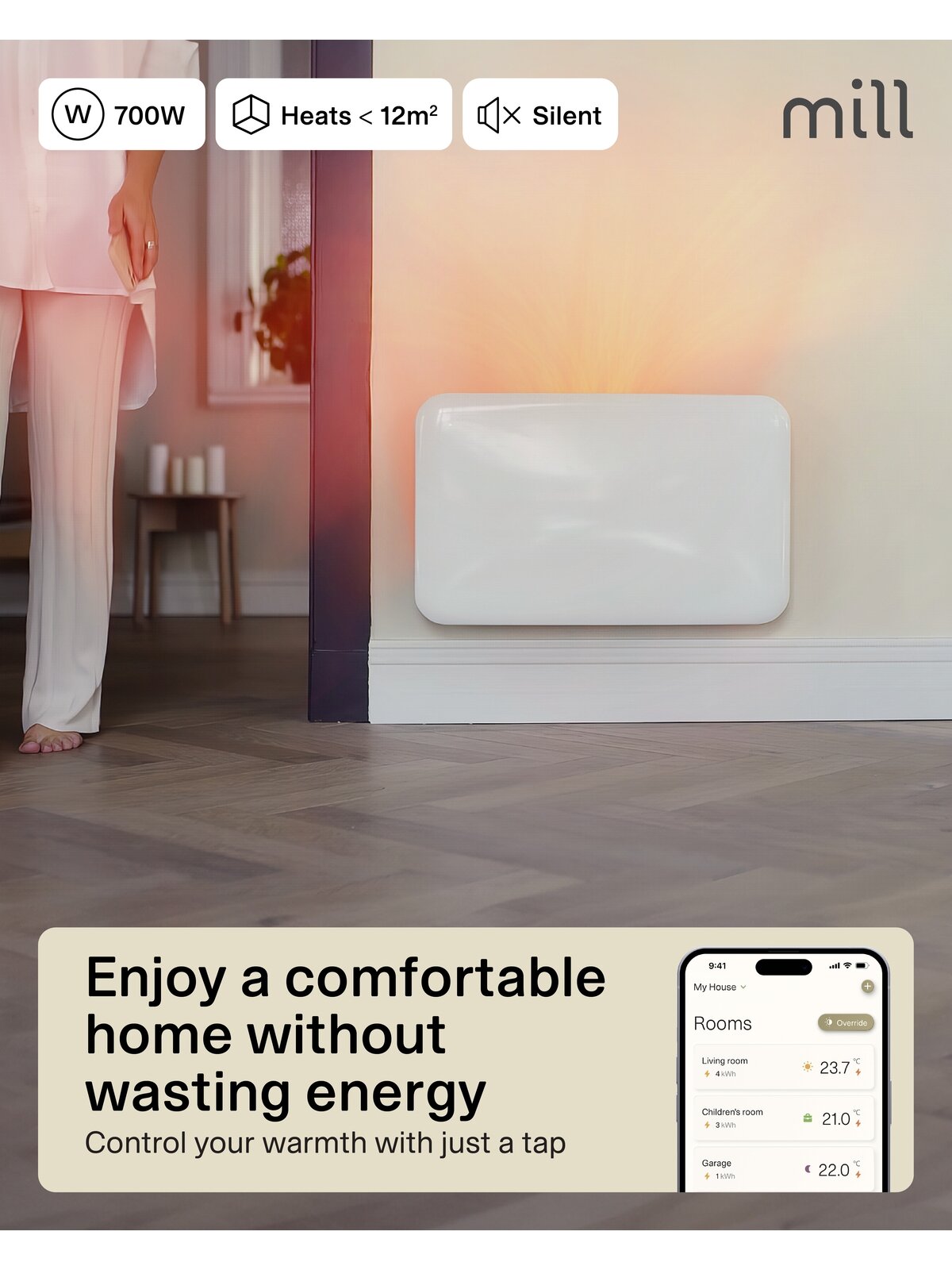 Mill Invisible Smart WiFi Heater | PA700WIFI4 | Panel Heater | 700 W | Suitable for rooms up to 9-12 m² | White | IPX4 5 Mill Invisible Smart WiFi Heater | PA700WIFI4 | Panel Heater | 700 W | Suitable for rooms up to 9-12 m² | White | IPX4 5