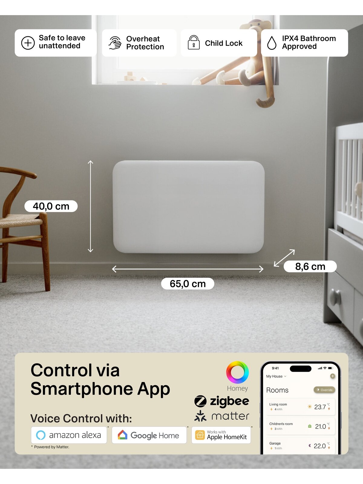 Mill Invisible Smart WiFi Heater | PA700WIFI4 | Panel Heater | 700 W | Suitable for rooms up to 9-12 m² | White | IPX4 7