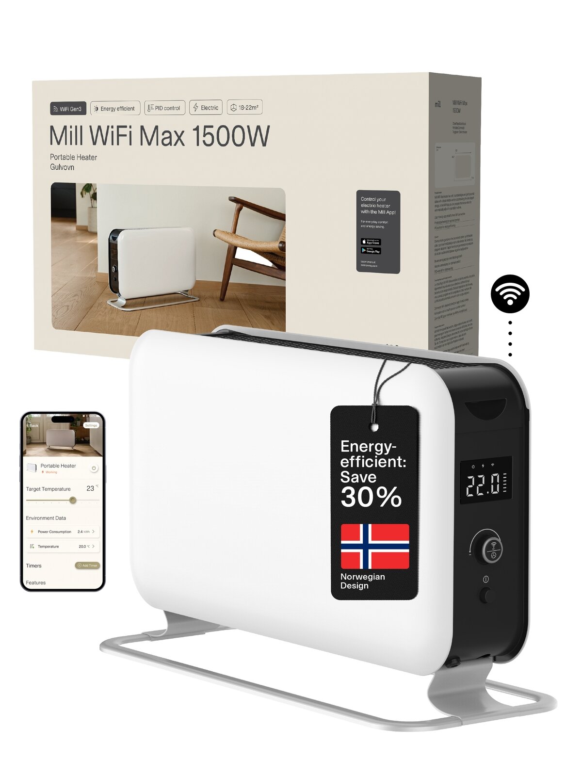 Mill | Portable Heater | CO1500MAXWIFI3 | Convection Heater | 1500 W | Suitable for rooms up to 14-18 m² | White | IPX4