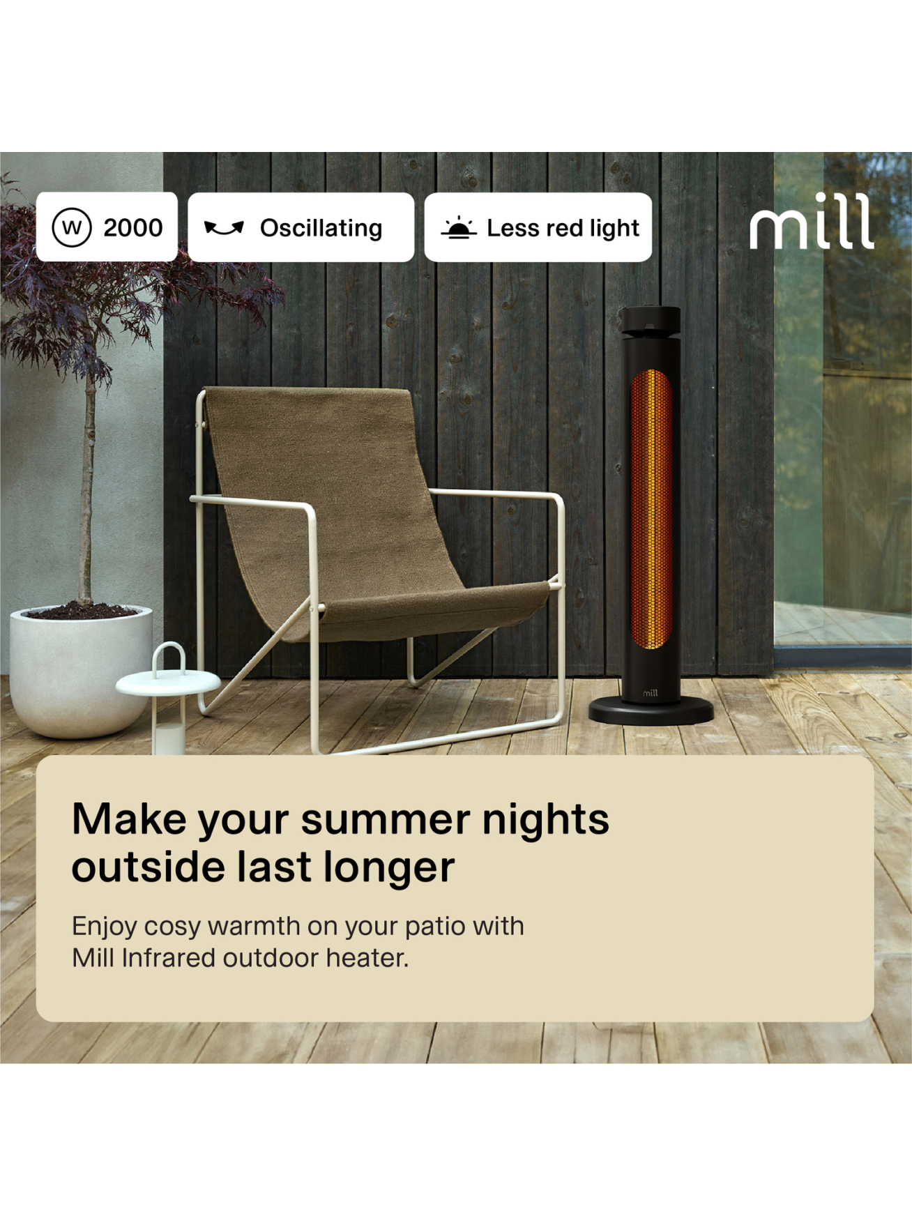 Mill CBOC20FLOOR Oscilliating Infrared Outdoor Heater, 2000 W, Black | Mill 6 Mill CBOC20FLOOR Oscilliating Infrared Outdoor Heater, 2000 W, Black | Mill 6