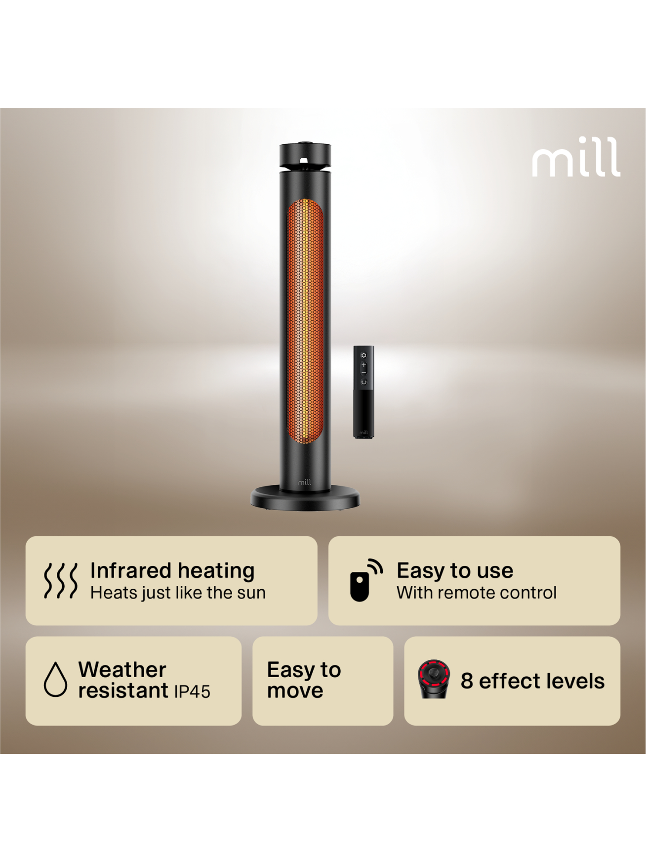 Mill CBOC20FLOOR Oscilliating Infrared Outdoor Heater, 2000 W, Black | Mill 7 Mill CBOC20FLOOR Oscilliating Infrared Outdoor Heater, 2000 W, Black | Mill 7