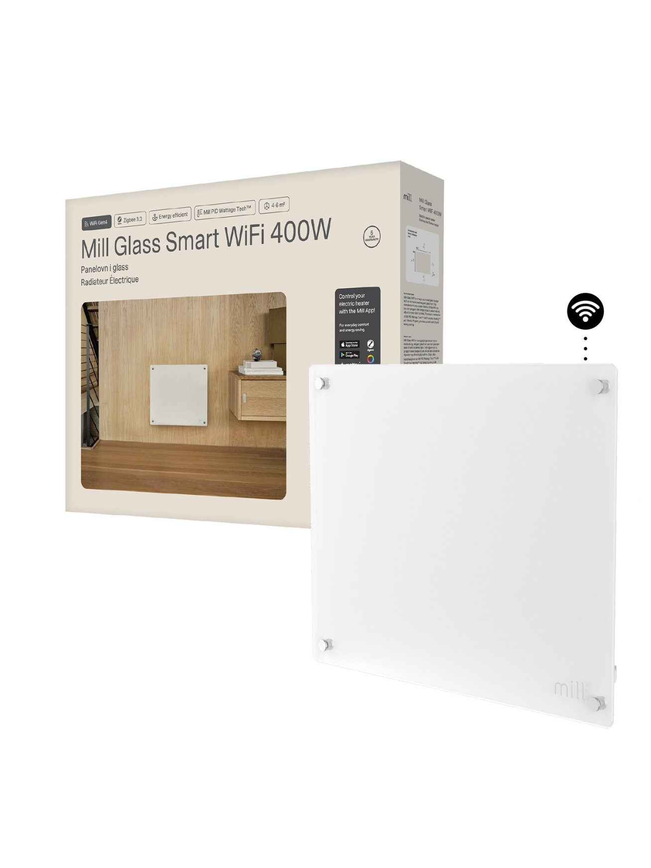 Mill Glass Smart WiFi Panel Heater Gen. 4 | GL400WIFI4 | Panel Heater | 400 W | Suitable for rooms up to 4-6 m² | White | IPX4