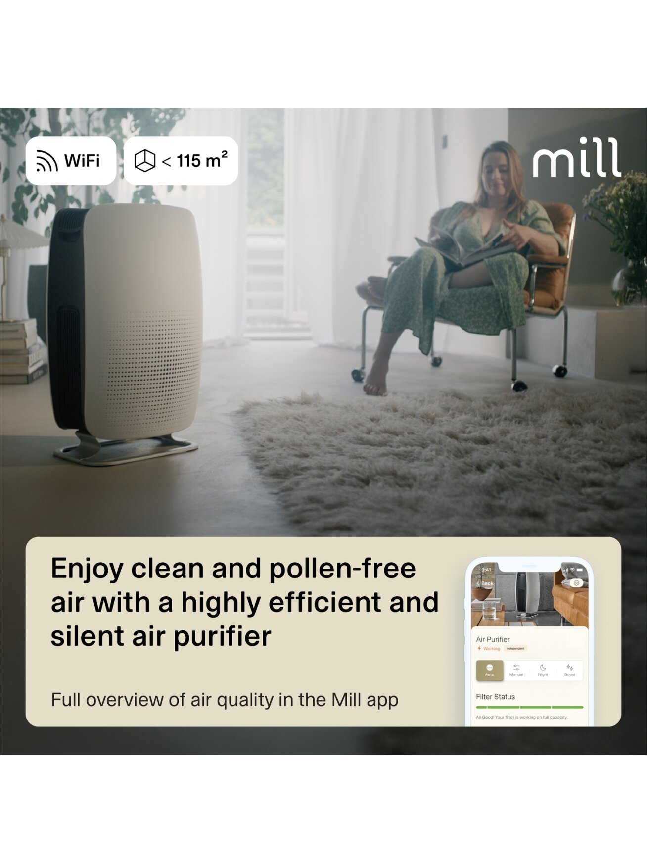 Mill | Silent Pro Air Purifier | APSILENT | Suitable for rooms up to 115 m² | 68.3 m³ | White/Black 4