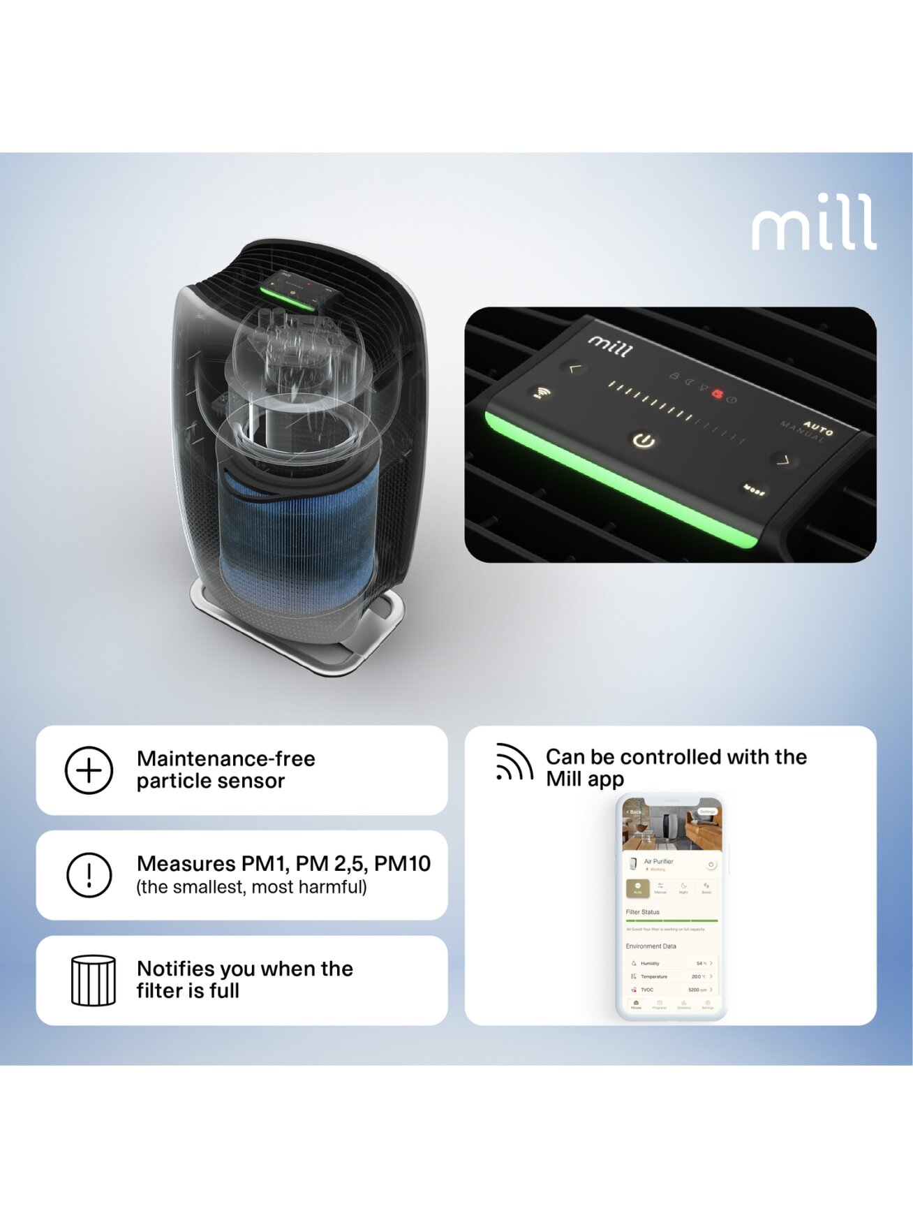 Mill | Silent Pro Air Purifier | APSILENT | Suitable for rooms up to 115 m² | 68.3 m³ | White/Black 9 Mill | Silent Pro Air Purifier | APSILENT | Suitable for rooms up to 115 m² | 68.3 m³ | White/Black 9