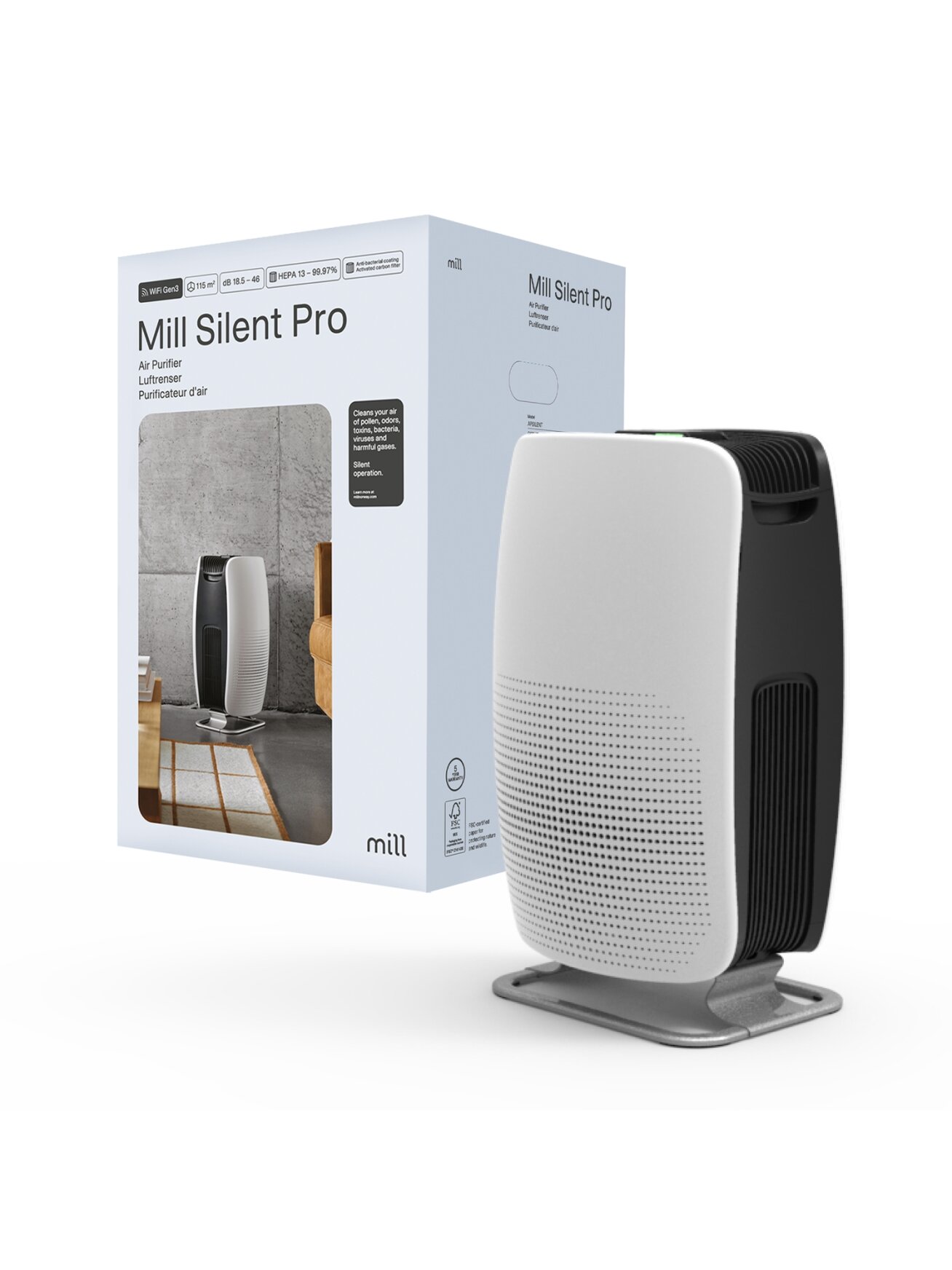 Mill | Silent Pro Air Purifier | APSILENT | Suitable for rooms up to 115 m² | 68.3 m³ | White/Black