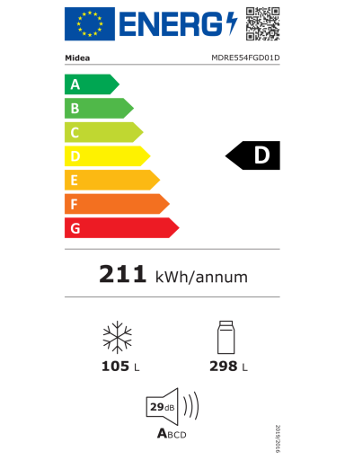 Midea Refrigerator | MDRE554FGD01D | Energy efficiency class D | Built-in | Combi | Height 195.3 cm | No Frost system | Fridge net capacity 298 L | Freezer net capacity 105 L | 29 dB | White Midea Refrigerator | MDRE554FGD01D | Energy efficiency class D | Built-in | Combi | Height 195.3 cm | No Frost system | Fridge net capacity 298 L | Freezer net capacity 105 L | 29 dB | White