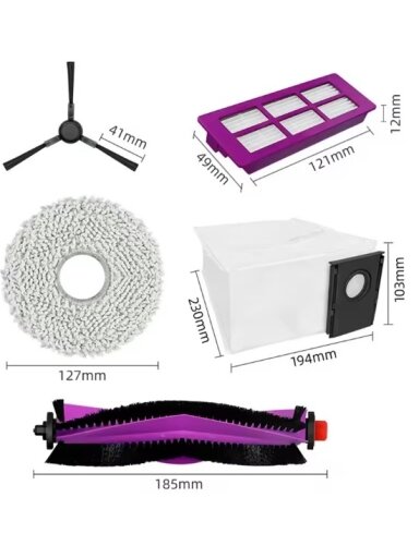 Midea V15 Spare Parts kit: 1x Side Brush, 2x Mop Pad, 1x Roller Brush, 1x Filter, 1x Dust Bag