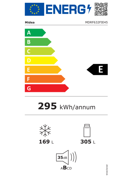 Midea Refrigerator | MDRF632FIE45 | Energy efficiency class E | Free standing | Side by Side | Height 177.5 cm | No Frost system | Fridge net capacity 305 L | Freezer net capacity 168 L | Display | 35 dB | Dark Inox