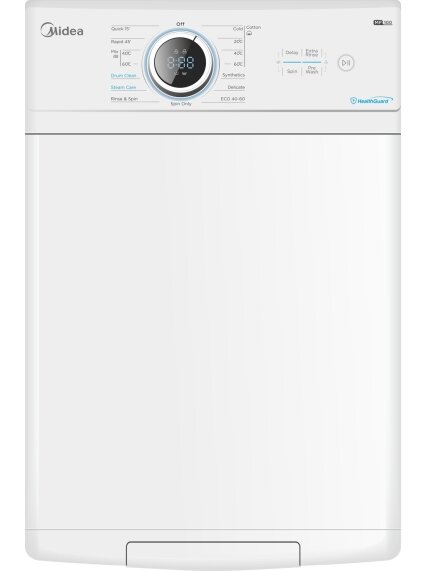 Midea | Washing Machine | MF100T70BA10/W-HR | Energy efficiency class A | Top loading | Washing capacity 7 kg | 1200 RPM | Depth 61 cm | Width 40 cm | Display | LED | Steam function | White 1