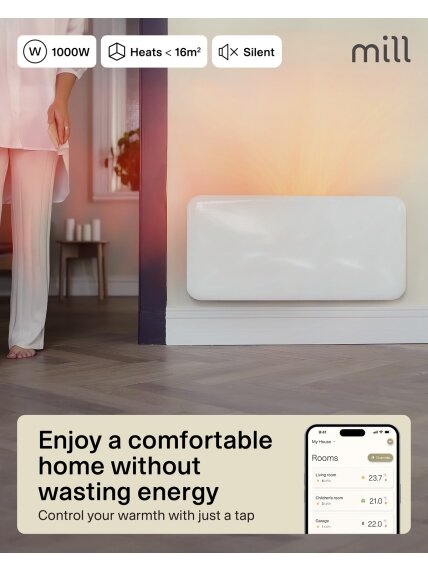 Mill Invisible Smart WiFi Heater | PA1000WIFI4 | Panel Heater | 1000 W | Suitable for rooms up to 12-16 m² | White | IPX4 6 Mill Invisible Smart WiFi Heater | PA1000WIFI4 | Panel Heater | 1000 W | Suitable for rooms up to 12-16 m² | White | IPX4 6