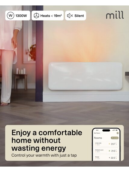 Mill Invisible Smart WiFi Heater | PA1300WIFI4 | Panel Heater | 1300 W | Suitable for rooms up to 15-19 m² | White | IPX4 5 Mill Invisible Smart WiFi Heater | PA1300WIFI4 | Panel Heater | 1300 W | Suitable for rooms up to 15-19 m² | White | IPX4 5
