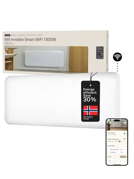 Mill Invisible Smart WiFi Heater | PA1300WIFI4 | Panel Heater | 1300 W | Suitable for rooms up to 15-19 m² | White | IPX4 Mill Invisible Smart WiFi Heater | PA1300WIFI4 | Panel Heater | 1300 W | Suitable for rooms up to 15-19 m² | White | IPX4