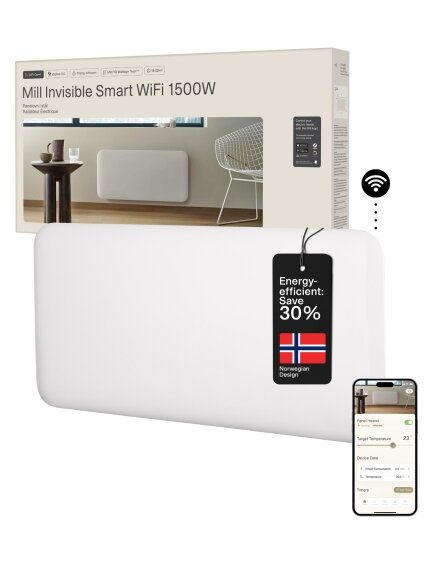 Mill Invisible Smart WiFi Heater | PA1500WIFI4 | Panel Heater | 1500 W | Suitable for rooms up to 18-22 m² | White | IPX4 Mill Invisible Smart WiFi Heater | PA1500WIFI4 | Panel Heater | 1500 W | Suitable for rooms up to 18-22 m² | White | IPX4