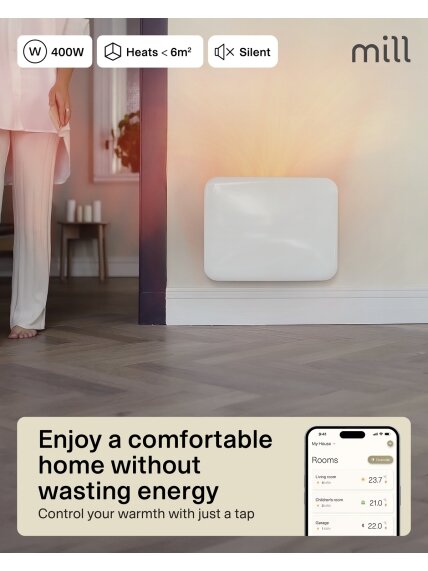 Mill Invisible Smart WiFi Heater | PA400WIFI4 | Panel Heater | 400 W | Suitable for rooms up to 4-6 m² | White | IPX4 7