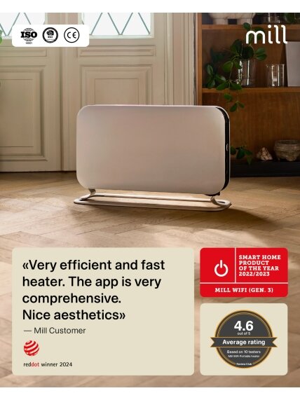 Mill | Portable Heater | CO1500MAXWIFI3 | Convection Heater | 1500 W | Suitable for rooms up to 14-18 m² | White | IPX4 10 Mill | Portable Heater | CO1500MAXWIFI3 | Convection Heater | 1500 W | Suitable for rooms up to 14-18 m² | White | IPX4 10