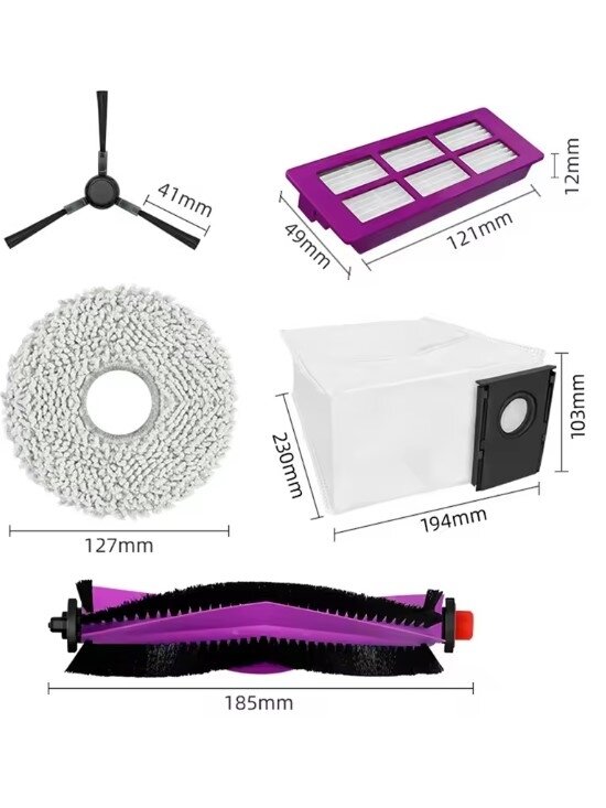 Midea V15 Spare Parts kit: 1x Side Brush, 2x Mop Pad, 1x Roller Brush, 1x Filter, 1x Dust Bag Midea V15 Spare Parts kit: 1x Side Brush, 2x Mop Pad, 1x Roller Brush, 1x Filter, 1x Dust Bag