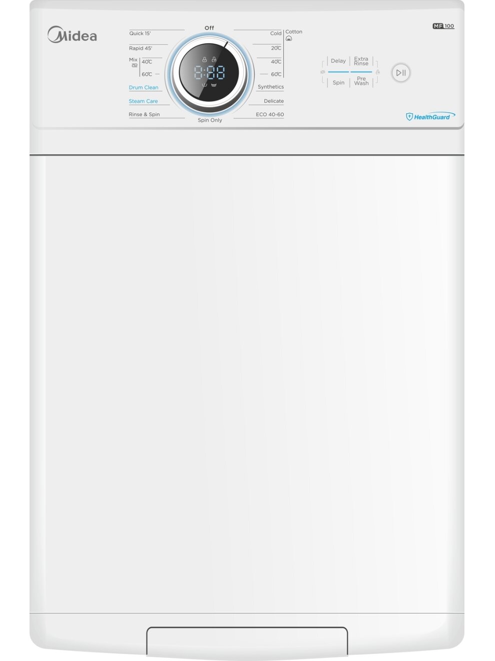 Midea | Washing Machine | MF100T70BA10/W-HR | Energy efficiency class A | Top loading | Washing capacity 7 kg | 1200 RPM | Depth 61 cm | Width 40 cm | Display | LED | Steam function | White 1 Midea | Washing Machine | MF100T70BA10/W-HR | Energy efficiency class A | Top loading | Washing capacity 7 kg | 1200 RPM | Depth 61 cm | Width 40 cm | Display | LED | Steam function | White 1