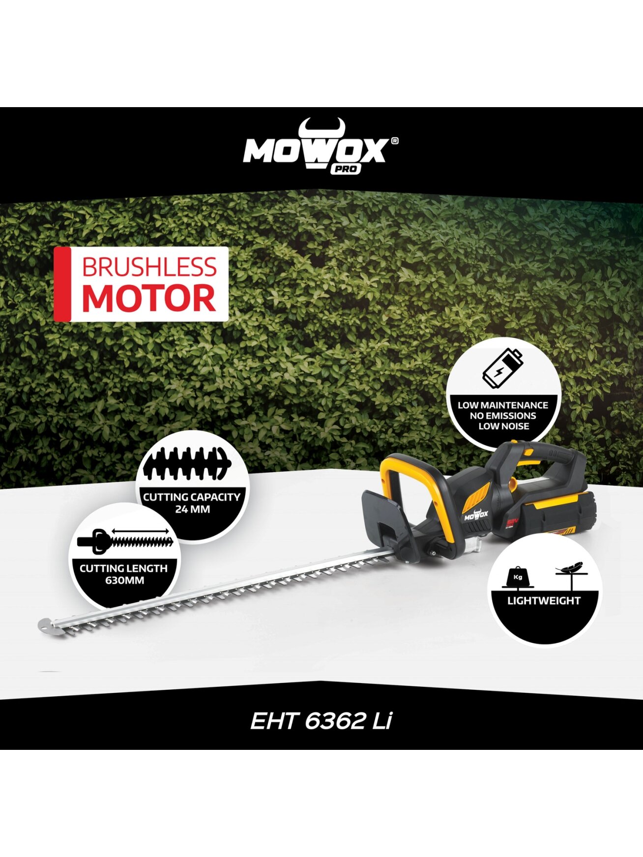 MoWox | 62V Excel Series Hand Held Battery Hedge Trimmer With Rotating Handle (Without Battery and Charger) | EHT 6362 Li | Cordless 3