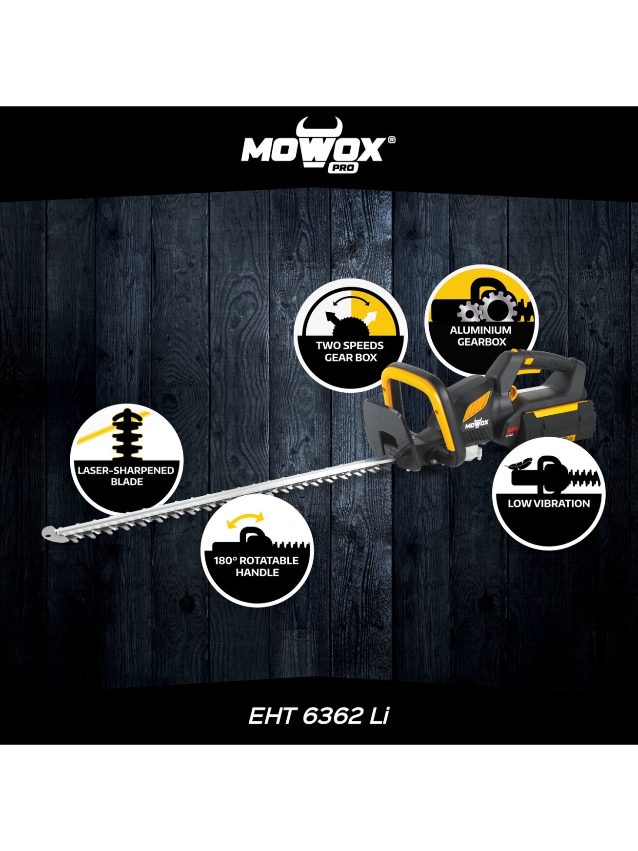 MoWox | 62V Excel Series Hand Held Battery Hedge Trimmer With Rotating Handle (Without Battery and Charger) | EHT 6362 Li | Cordless 4
