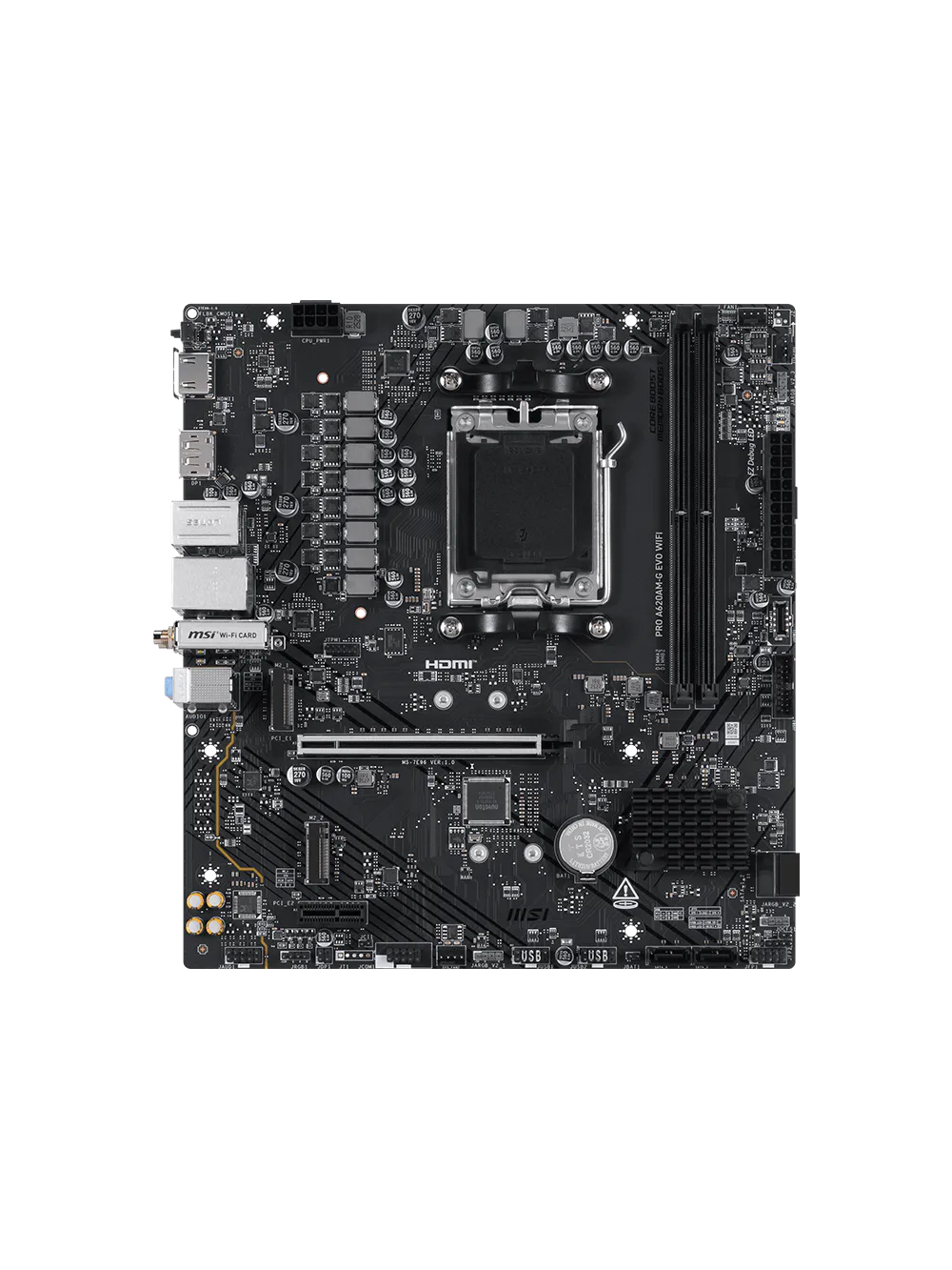 MSI PRO A620AM-G EVO WIFI | Processor family AMD | Processor socket AM5 | DDR5 | Number of SATA connectors 4 | Supported hard disk drive interfaces SATA, M.2