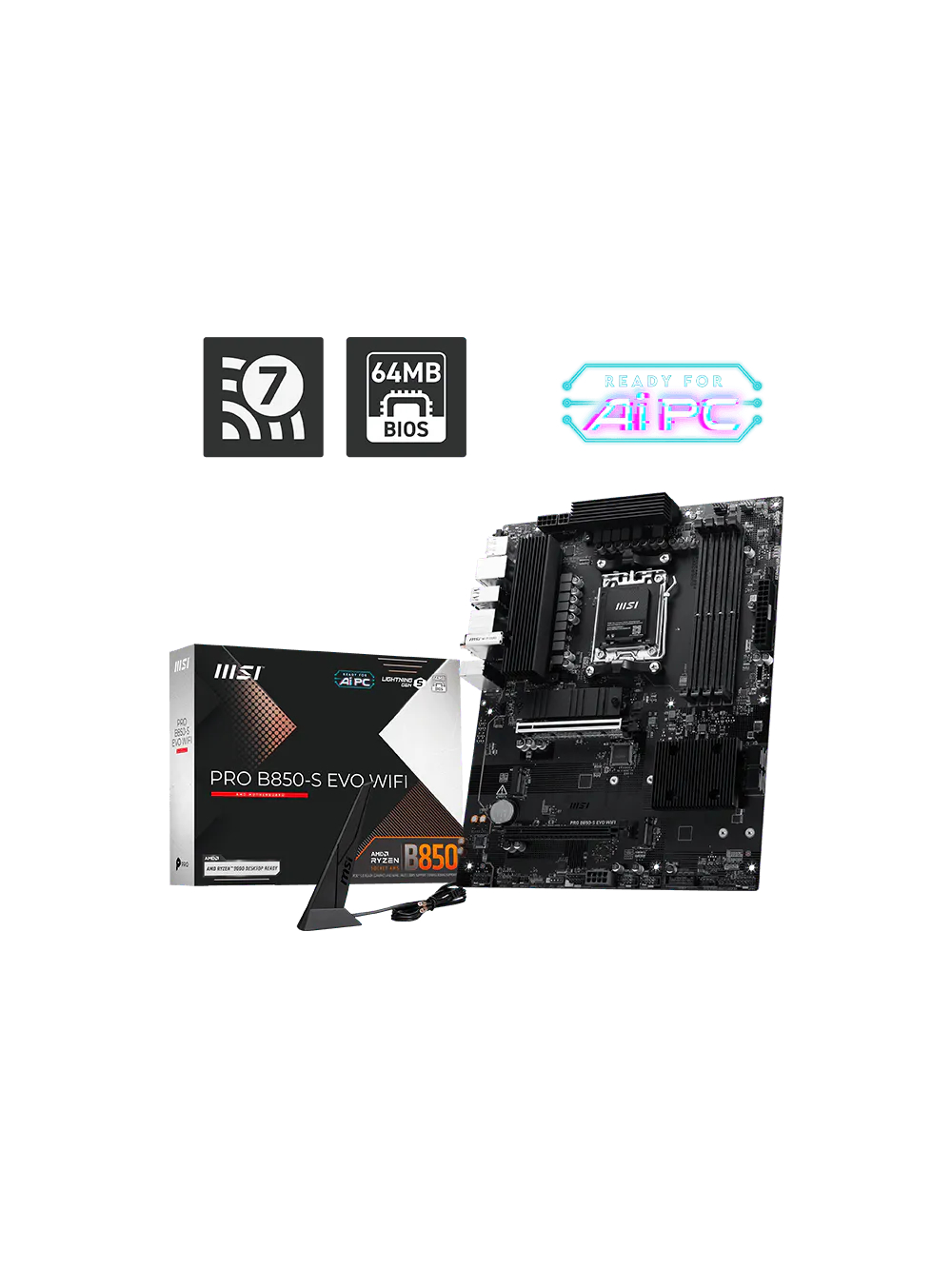 MSI PRO B850-S EVO WIFI | Processor family AMD | Processor socket AM5 | DDR5 | Supported hard disk drive interfaces SATA, M.2 | Number of SATA connectors 4 3