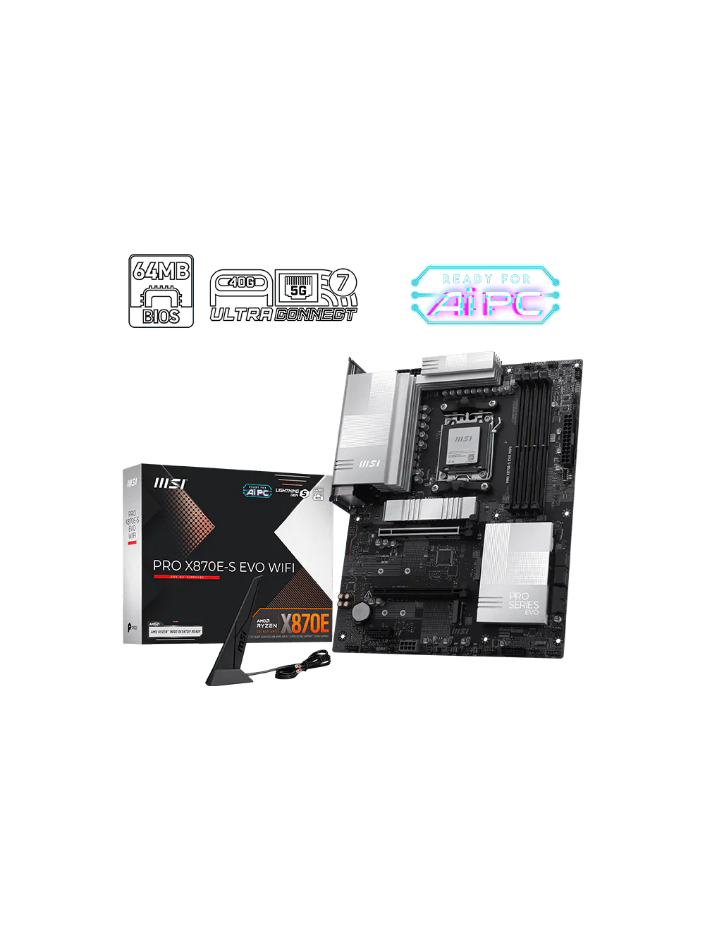 MSI PRO X870E-S EVO WIFI | Processor family AMD | Processor socket AM5 | DDR5 | Supported hard disk drive interfaces SATA, M.2 | Number of SATA connectors 4 3 MSI PRO X870E-S EVO WIFI | Processor family AMD | Processor socket AM5 | DDR5 | Supported hard disk drive interfaces SATA, M.2 | Number of SATA connectors 4 3