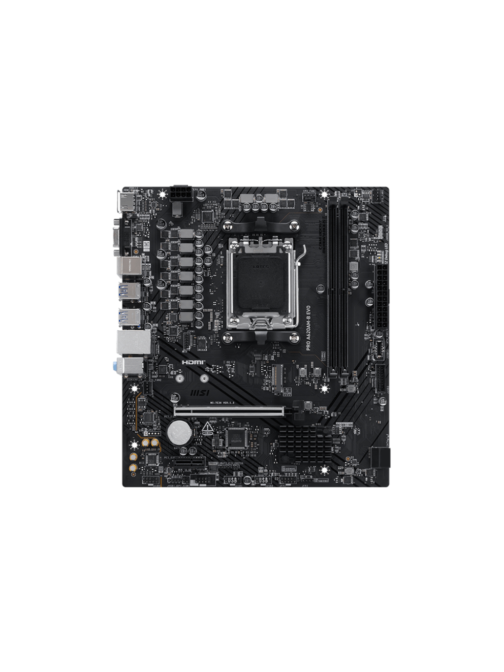 MSI PRO A620AM-B EVO | Processor family AMD | Processor socket AM5 | DDR5 | Supported hard disk drive interfaces SATA, M.2 | Number of SATA connectors 2