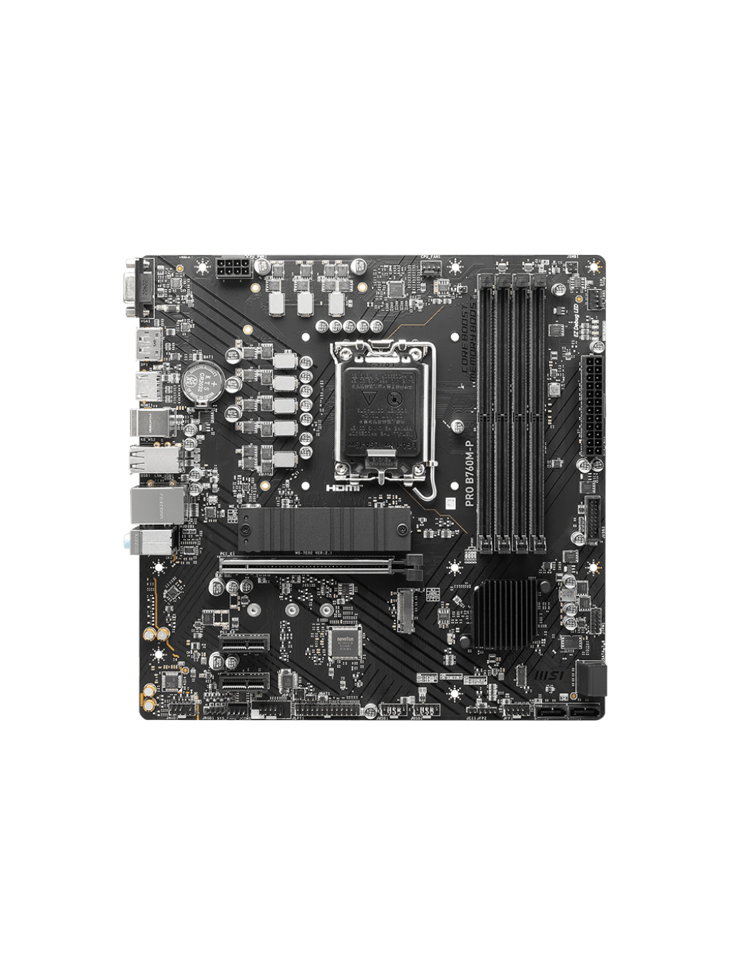 MSI | PRO B760M-P | Processor family Intel | Processor socket  LGA1700 | DDR5 DIMM | Memory slots 4 | Supported hard disk drive interfaces 	SATA, M.2 | Number of SATA connectors 4 | Chipset Intel B760 | mATX 1