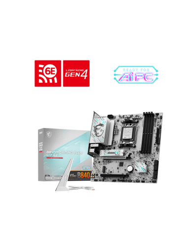 MSI B840M GAMING PLUS WIFI6E | Processor family AMD | Processor socket AM5 | DDR5 | Supported hard disk drive interfaces SATA, M.2 | Number of SATA connectors 4 MSI B840M GAMING PLUS WIFI6E | Processor family AMD | Processor socket AM5 | DDR5 | Supported hard disk drive interfaces SATA, M.2 | Number of SATA connectors 4
