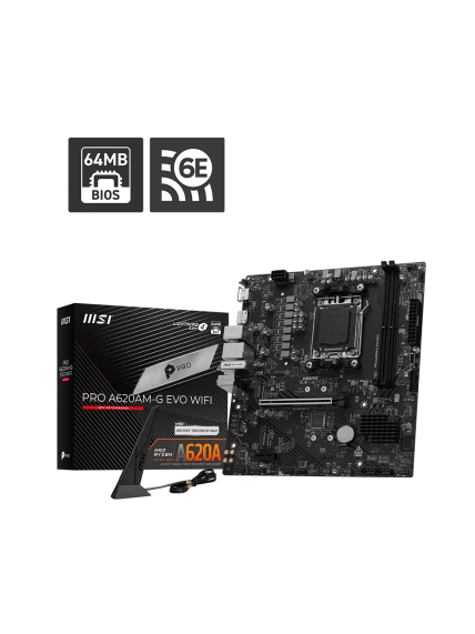 MSI PRO A620AM-G EVO WIFI | Processor family AMD | Processor socket AM5 | DDR5 | Number of SATA connectors 4 | Supported hard disk drive interfaces SATA, M.2 3