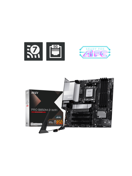 MSI PRO B850M-P WIFI | Processor family AMD B850 | Processor socket AM5 | DDR5 | Supported hard disk drive interfaces SATA, M.2 | Number of SATA connectors 4 4 MSI PRO B850M-P WIFI | Processor family AMD B850 | Processor socket AM5 | DDR5 | Supported hard disk drive interfaces SATA, M.2 | Number of SATA connectors 4 4