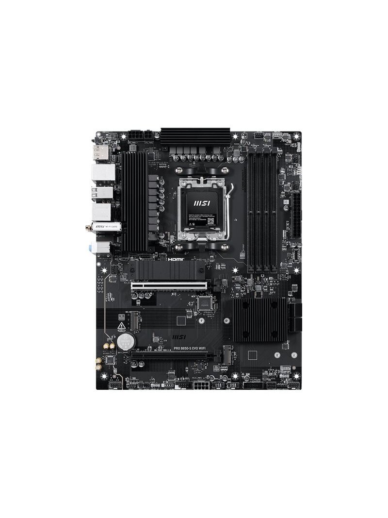 MSI PRO B850-S EVO WIFI | Processor family AMD | Processor socket AM5 | DDR5 | Supported hard disk drive interfaces SATA, M.2 | Number of SATA connectors 4