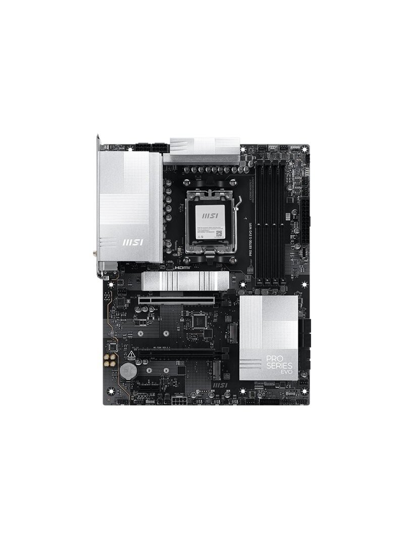 MSI PRO X870E-S EVO WIFI | Processor family AMD | Processor socket AM5 | DDR5 | Supported hard disk drive interfaces SATA, M.2 | Number of SATA connectors 4 MSI PRO X870E-S EVO WIFI | Processor family AMD | Processor socket AM5 | DDR5 | Supported hard disk drive interfaces SATA, M.2 | Number of SATA connectors 4
