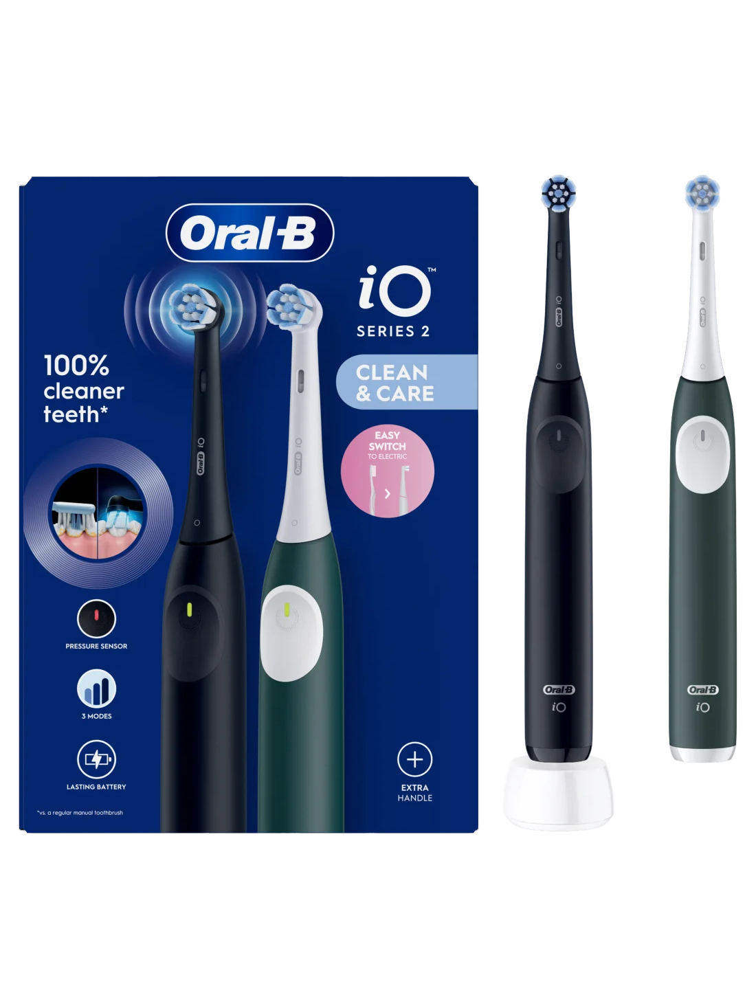 Oral-B Electric Toothbrush, Duo pack | iO2 Series | Rechargeable | For adults | Number of brush heads included 2 | Number of teeth brushing modes 3 | Night Black and Green Forest Oral-B Electric Toothbrush, Duo pack | iO2 Series | Rechargeable | For adults | Number of brush heads included 2 | Number of teeth brushing modes 3 | Night Black and Green Forest