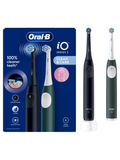 Oral-B Electric Toothbrush, Duo pack | iO2 Series | Rechargeable | For adults | Number of brush heads included 2 | Number of teeth brushing modes 3 | Night Black and Green Forest