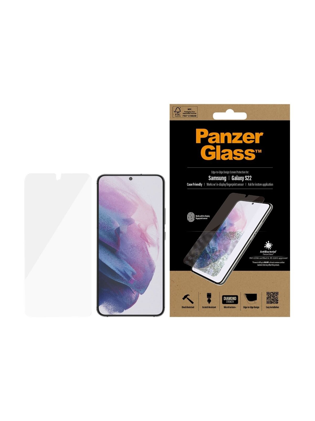 PanzerGlass | Samsung | Galaxy S22 | Tempered glass | Transparent | Case friendly. Compatible with ultrasonic fingerprint sensor. 100 % touch sensitivity. Antibacterial (ISO 22196 certified & JIS 22810 approved) | Screen Protector 4