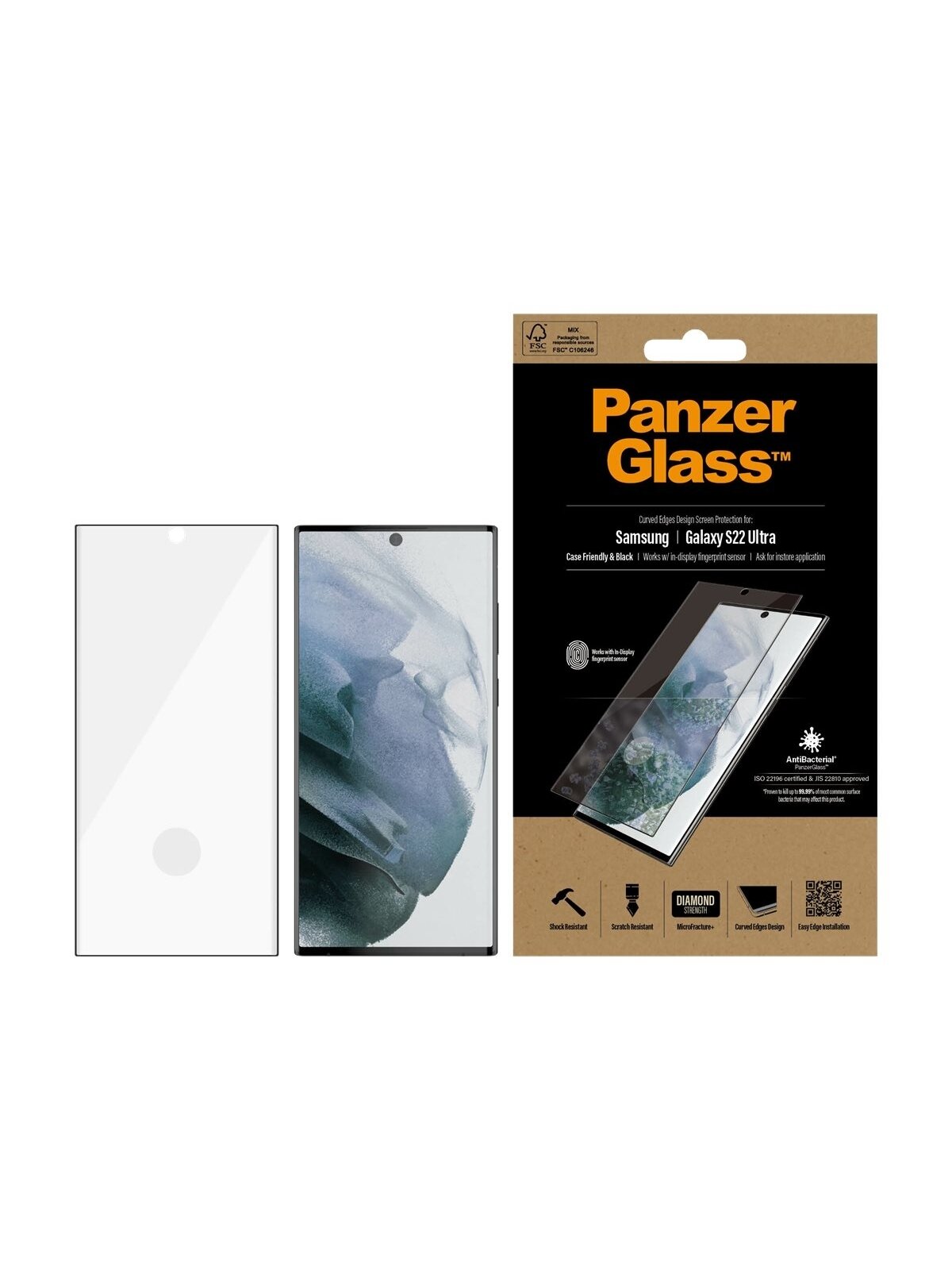 PanzerGlass | Samsung | Galaxy S22 Ultra | Tempered glass | Black | Case friendly. Compatible with ultrasonic fingerprint sensor. 100 % touch sensitivity. Antibacterial (ISO 22196 certified & JIS 22810 approved) | Screen Protector 5 PanzerGlass | Samsung | Galaxy S22 Ultra | Tempered glass | Black | Case friendly. Compatible with ultrasonic fingerprint sensor. 100 % touch sensitivity. Antibacterial (ISO 22196 certified & JIS 22810 approved) | Screen Protector 5
