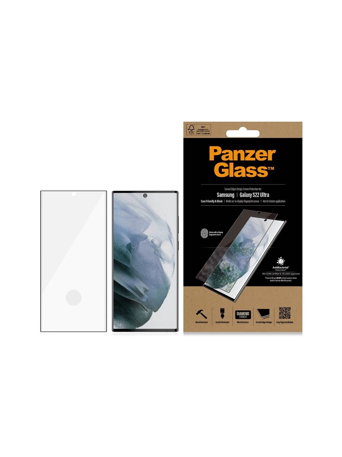PanzerGlass | Samsung | Galaxy S22 Ultra | Tempered glass | Black | Case friendly. Compatible with ultrasonic fingerprint sensor. 100 % touch sensitivity. Antibacterial (ISO 22196 certified & JIS 22810 approved) | Screen Protector 8 PanzerGlass | Samsung | Galaxy S22 Ultra | Tempered glass | Black | Case friendly. Compatible with ultrasonic fingerprint sensor. 100 % touch sensitivity. Antibacterial (ISO 22196 certified & JIS 22810 approved) | Screen Protector 8