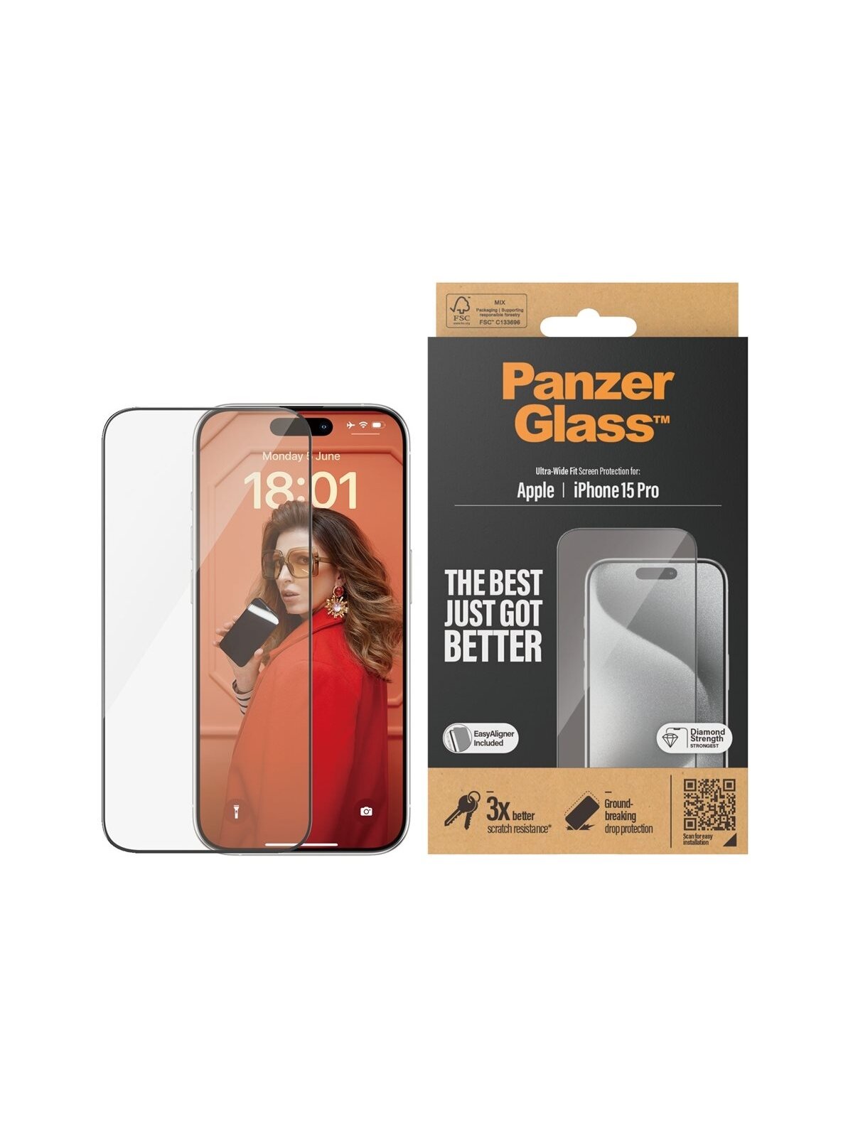 PanzerGlass | Screen protector | Apple | iPhone 15 Pro | Glass | Clear | Easy installation; Fingerprint resistant; Anti-yellowing | Ultra-Wide Fit