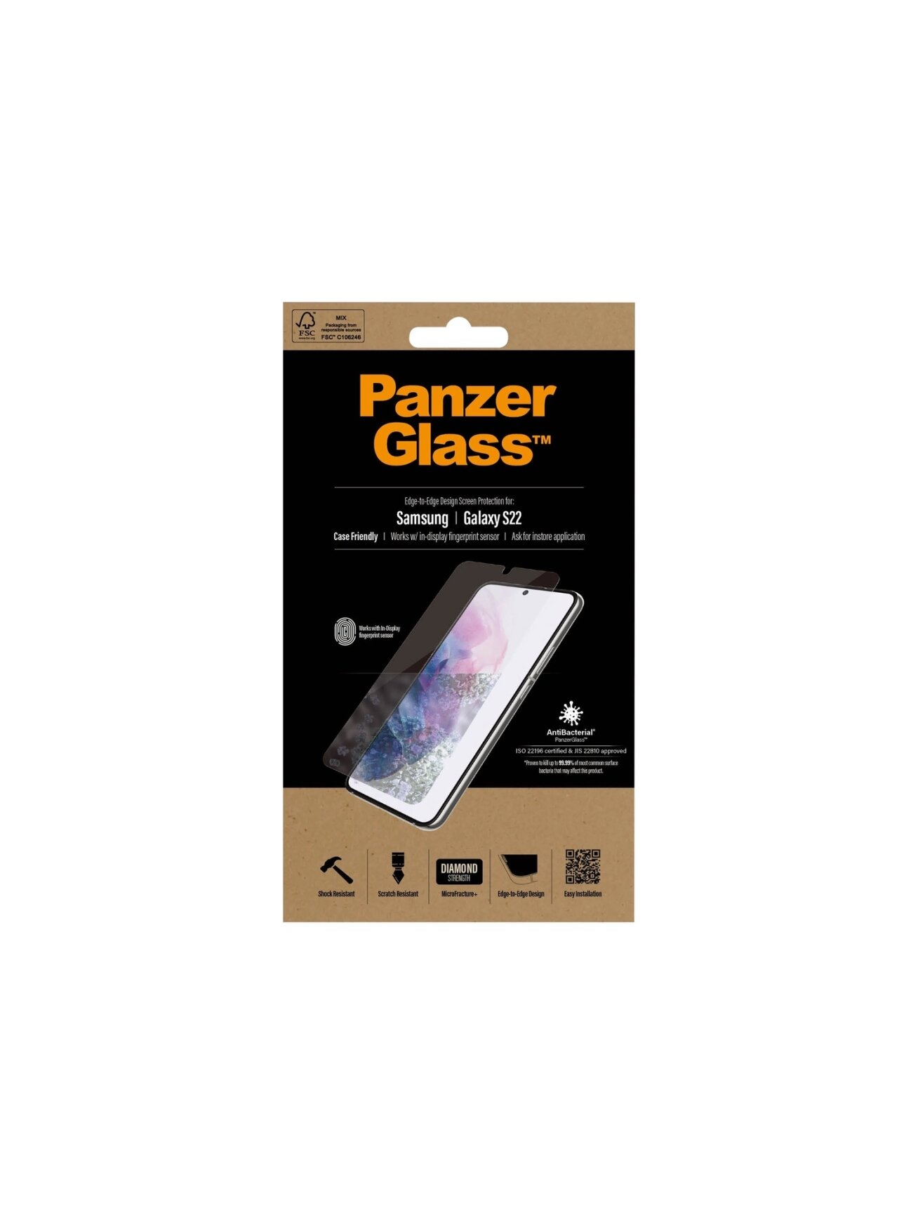 PanzerGlass | Samsung | Galaxy S22 | Tempered glass | Transparent | Case friendly. Compatible with ultrasonic fingerprint sensor. 100 % touch sensitivity. Antibacterial (ISO 22196 certified & JIS 22810 approved) | Screen Protector 5 PanzerGlass | Samsung | Galaxy S22 | Tempered glass | Transparent | Case friendly. Compatible with ultrasonic fingerprint sensor. 100 % touch sensitivity. Antibacterial (ISO 22196 certified & JIS 22810 approved) | Screen Protector 5